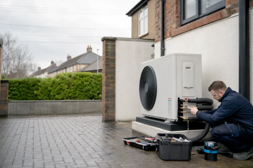 Engineer installing a heat pump unit outside an Irish home